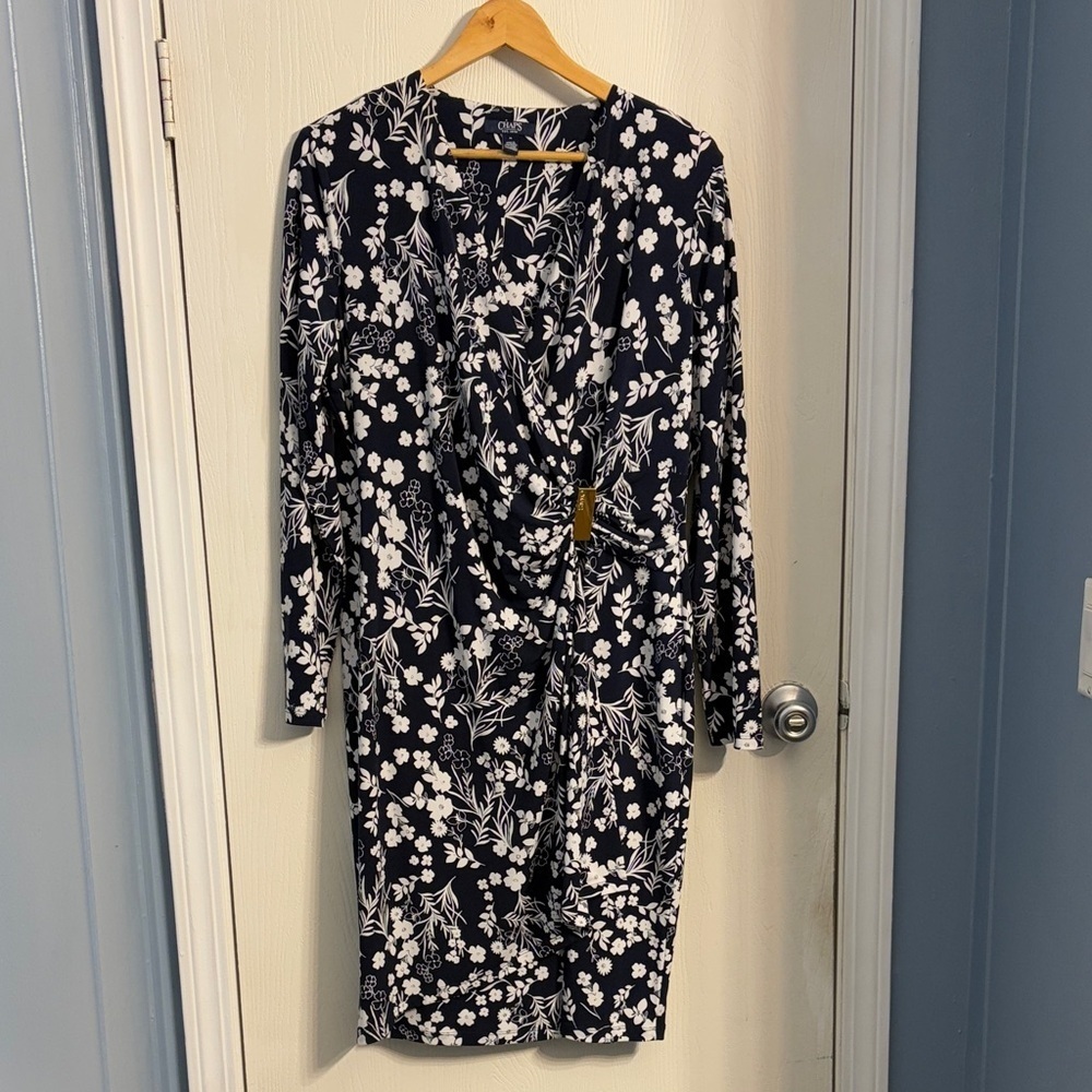 Chaps Navy and White Floral Long Sleeve Dress